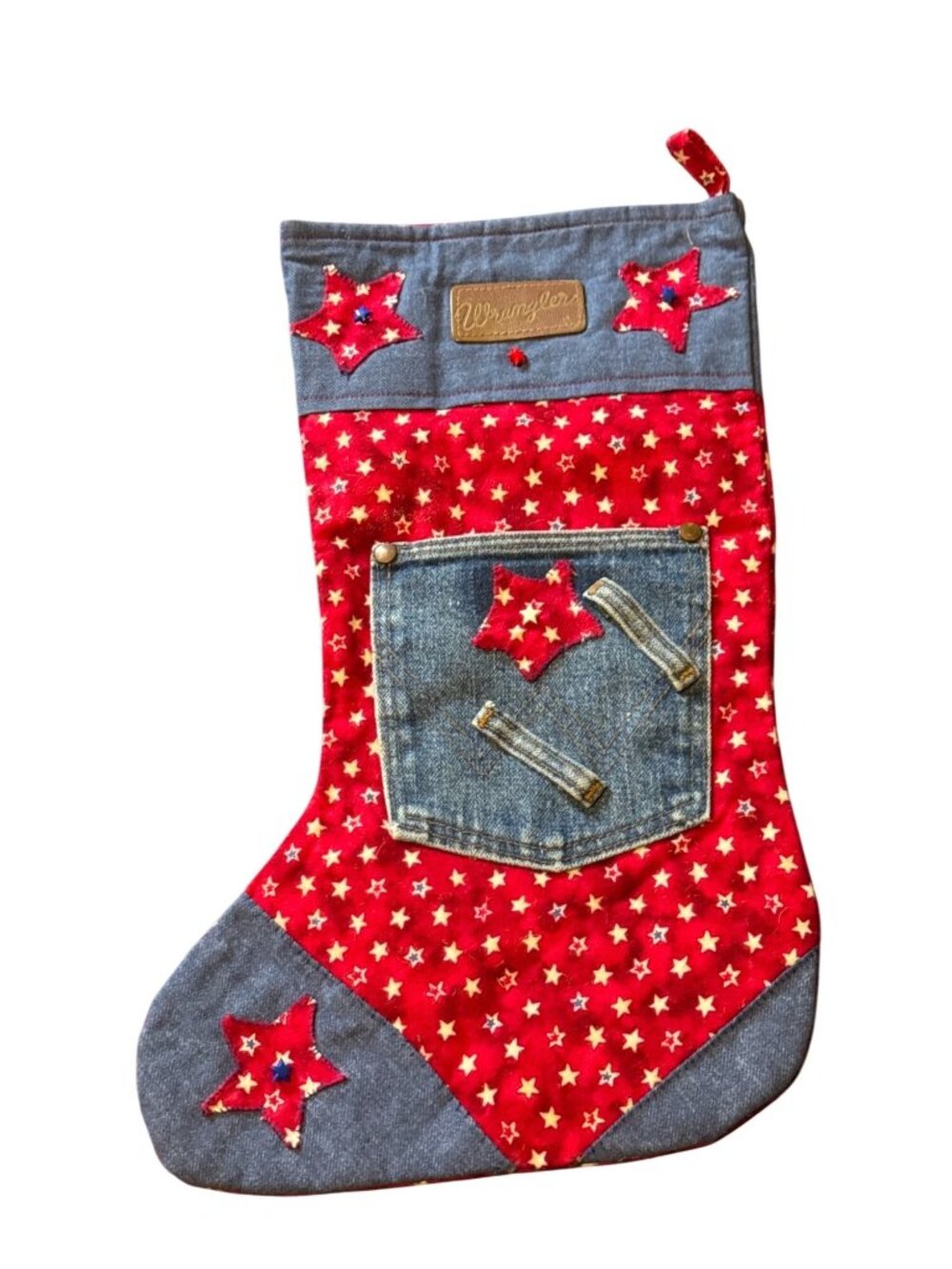 Wrangler Patriotic Stocking Patchwork EUC Denim Christmas